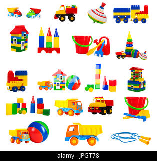 colorful toy for children isolated on white background, set. toys - a truck, a train, blocks, jump rope, house, whirligig, ball, construction blocks,  Stock Photo