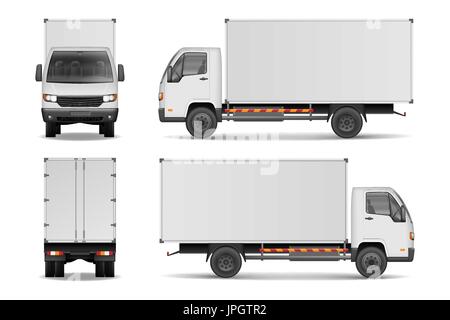 White realistic delivery cargo truck. Lorry for advertising side, front and rear view isolated on white background. Delivery cargo truck vector illustration mockup. Stock Vector