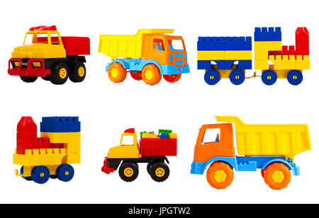 bright multi-colored toys for children isolated on a white background, a set. toys transport - machine truck, train, locomotive,  pickup Stock Photo
