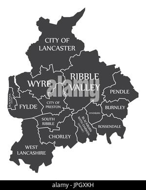 Lancashire county England UK black map with white labels illustration Stock Vector