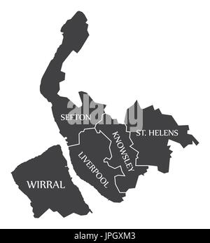 Merseyside metropolitan county England UK black map with white labels illustration Stock Vector