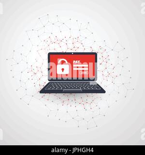 Network Vulnerability, Locked Device, Encrypted Files, Lost Documents, Ransomware Attack - Virus, Malware, Fraud, Spam, Phishing, Email Scam, Hacking Stock Vector