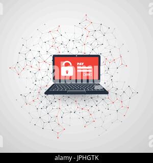 Network Vulnerability, Locked Device, Encrypted Files, Lost Documents, Ransomware Attack - Virus, Malware, Fraud, Spam, Phishing, Email Scam, Hacking Stock Vector