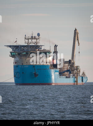 The cable lay vessel, Maersk Connector, installing the Walney 3 export cable. The wind farm will become part of the world's largest offshore wind farm, and is located off the coast of Cumbria, UK Stock Photo