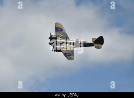 Bristol Blenheim in level flight. View from obliquely above the aircraft, which is shown against light cloud. Stock Photo