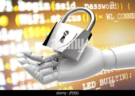 Cyber security network iot technology with artificial intelligence (ai) concept. Master keys on robot hand and code of networking. Stock Photo