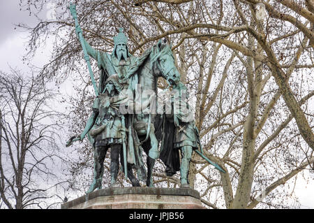 Bronze equestrian statue of Charlemagne et ses Leudes in Notre Dame Square Paris France. Stock Photo