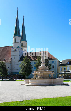 Marienbrunnen fountain, Kapellplatz square and collegiate church Saint Philipp and Jakob, Altoetting, Upper Bavaria, Germany, Europe Stock Photo