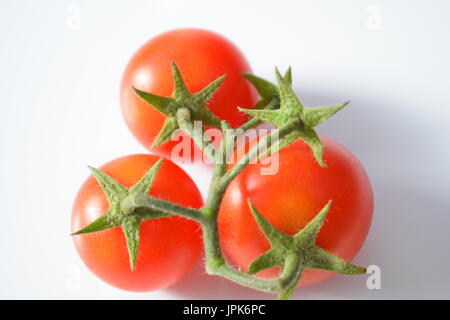 Three little cherry tomatoes with green branch on white background Stock Photo