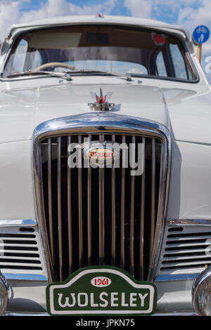 Front chrome radiator grille of Wolseley car with traditional AA