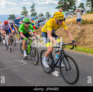 Col de Peyra Taillade, France - July 16,2017: Chris Froome in Yellow Jersey climbing the last kilometer to Col de Peyra Taillade, in the Central Massi Stock Photo