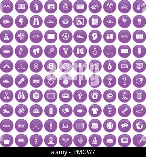 100 sport journalist icons set purple Stock Vector