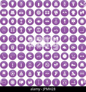 100 sport accessories icons set purple Stock Vector