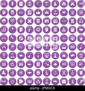 100 student icons set purple Stock Vector