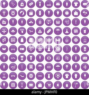100 summer shopping icons set purple Stock Vector