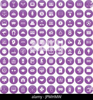100 sweepstakes icons set purple Stock Vector