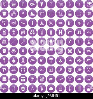 100 tackle icons set purple Stock Vector