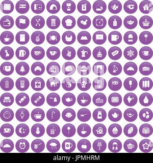100 tea cup icons set purple Stock Vector