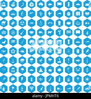 100 exotic animals icons set blue Stock Vector