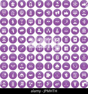 100 team icons set purple Stock Vector