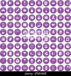 100 tea party icons set purple Stock Vector
