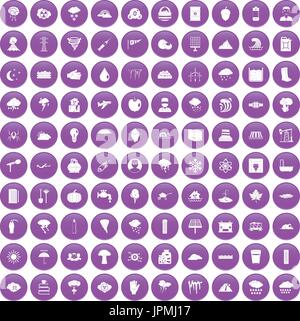 100 thunderstorm icons set purple Stock Vector