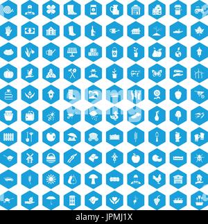 100 farm icons set blue Stock Vector