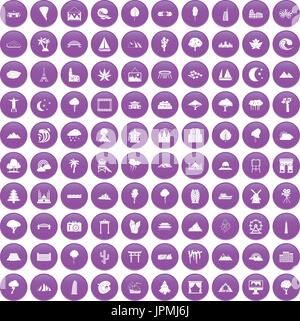 100 view icons set purple Stock Vector
