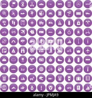 100 voyage icons set purple Stock Vector