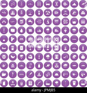 100 water supply icons set purple Stock Vector