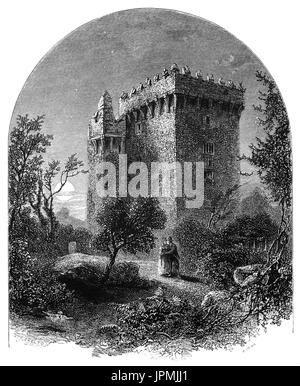 1870: Blarney Castle, a medieval stronghold in Blarney. The current keep was built by the MacCarthy of Muskerry dynasty, a cadet branch of the Kings of Desmond, and dates from 1446. The Blarney Stone where tourists visiting the castle may hang upside-down over a sheer drop to kiss the stone, which is said to give the gift of eloquence. is among the machicolations of the castle. County Cork, Ireland