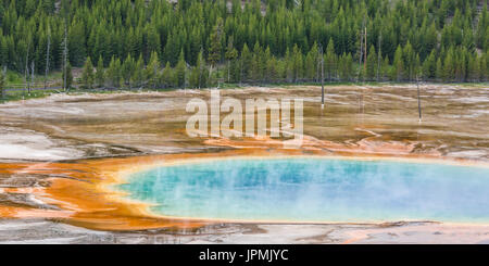 Tourists line the boardwalk at the Grand Prismatic Spring in Midway Geyser Basin, seen from above in Yellowstone National Park, Wyoming. Stock Photo
