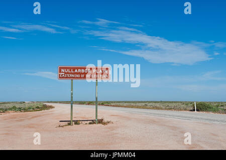 Road Sign shows the eastern end of the Nullarbor Plain. Stock Photo