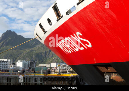 Nordlys Hurtigruten ferry ship at Svolvaer, Lofoten Islands, Nordland, Norway Stock Photo