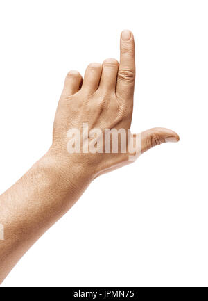 Man's hand pointing to something isolated on white background. Close up. High resolution. Stock Photo