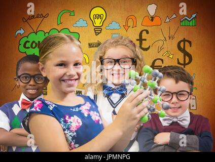 Digital composite of Science clever kids in front of rustic background with ideas drawings Stock Photo