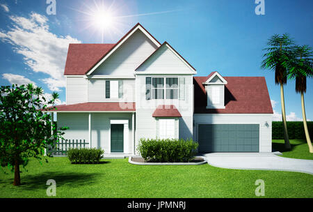 Luxurious modern house with a private garage. 3D illustration. Stock Photo