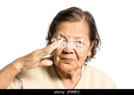 Portrait of a mature woman with bad smell expression. Isolated on white background with clipping path Stock Photo