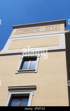 Italy: historic sign of Corriere della Sera, the most important Italian daily newspaper, founded in Milan in 1876, from the courtyard of the palace Stock Photo