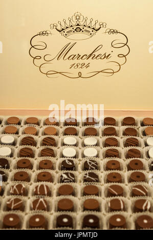 Milan Galleria Vittorio Emanuele II: box of chocolates in the Pasticceria Marchesi, historic pastry shop since 1824 opened in 2016 inside Prada boutique Stock Photo