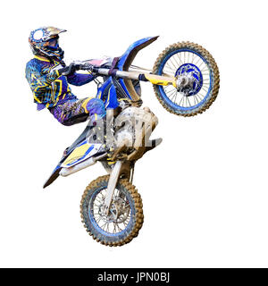 motorcycle Enduro rider in flight, on a white background Stock Photo