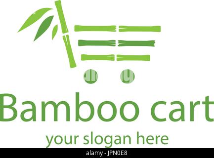 green bamboo sticks formed a shopping cart with leaves, logo design, isolated on white background. Stock Vector