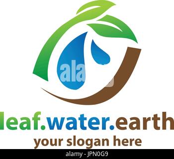leaves with water drops and curved brown lines, logo design, isolated on white background. Stock Vector