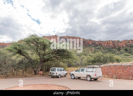 WATERBERG PLATEAU NATIONAL PARK, NAMIBIA - JUNE 19, 2017: Parking area at the start of the trail to the top of the Waterberg Mountain Plateau Stock Photo