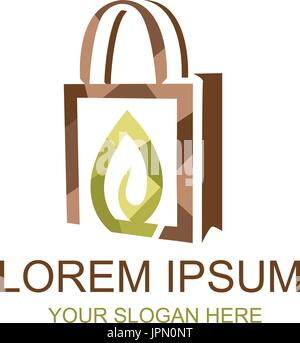 shopping bag with a leaf, polygonal style, logo design, isolated on white background. Stock Vector