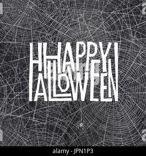 Halloween holiday card design. Spider on cobweb. "Happy Halloween". Spider web vector background. Stock Vector