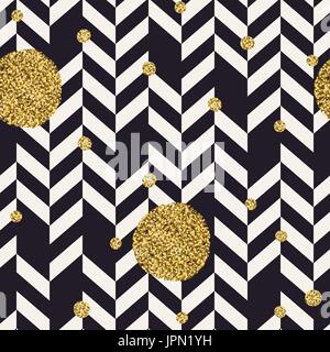 Chevron black pattern and golden chaotic dots. Seamless pattern design background. Stock Vector