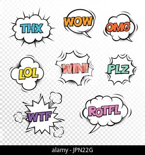 Thx,  PLZ, WTF, LOL, ROTFL, WOW, WIN, OMG. Comic speech bubbles set with different acronims. Vector cartoon illustrations isolated on transparent back Stock Vector