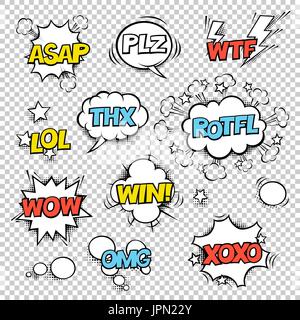 Thx, ASAP, PLZ, WTF, LOL, ROTFL, WOW, WIN, OMG, XOXO. Comic speech bubbles set. Halftones, stars and other elements in separated layers. Colorful desi Stock Vector
