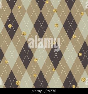 Seamless blue argyle pattern with chaotic golden dots. Traditional diamond check print. Vintage seamless background. Stock Vector